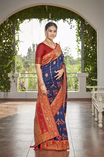 women's banarasi woven navy blue with red saree with heavy jacquard work saree with blouse piece