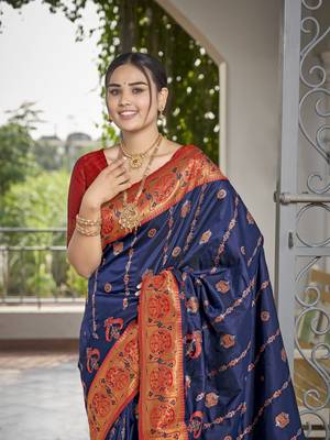 women's banarasi woven navy blue with red saree with heavy jacquard work saree with blouse piece 4