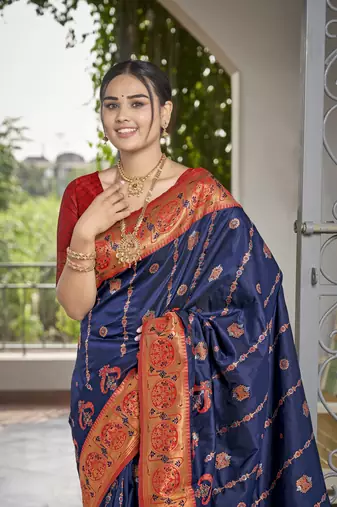 women's banarasi woven navy blue with red saree with heavy jacquard work saree with blouse piece