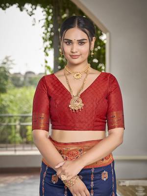 women's banarasi woven navy blue with red saree with heavy jacquard work saree with blouse piece 5