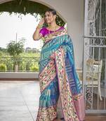 women's banarasi woven blue with purple saree with heavy jacquard work saree with blouse piece
