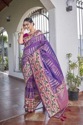 women's banarasi woven purple with pink saree with heavy jacquard work saree with blouse piece