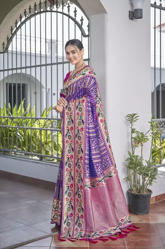 women's banarasi woven purple with pink saree with heavy jacquard work saree with blouse piece