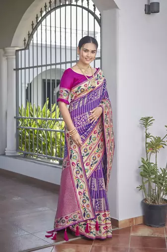 women's banarasi woven purple with pink saree with heavy jacquard work saree with blouse piece