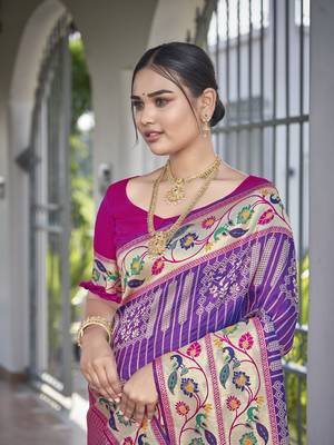 women's banarasi woven purple with pink saree with heavy jacquard work saree with blouse piece 4