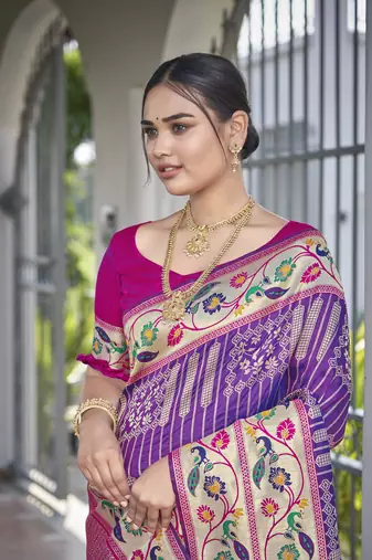 women's banarasi woven purple with pink saree with heavy jacquard work saree with blouse piece