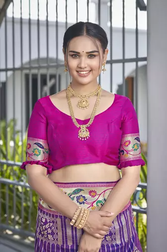 women's banarasi woven purple with pink saree with heavy jacquard work saree with blouse piece