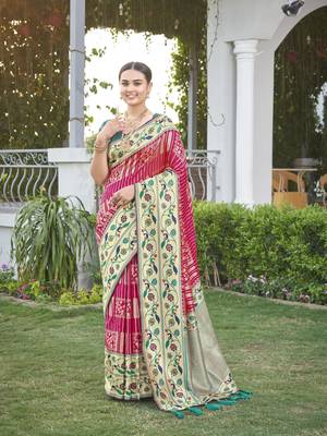 women's banarasi woven pink with green saree with heavy jacquard work saree with blouse piece 1