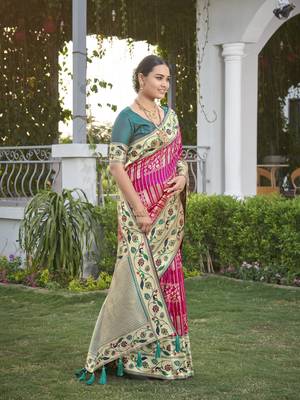 women's banarasi woven pink with green saree with heavy jacquard work saree with blouse piece 3