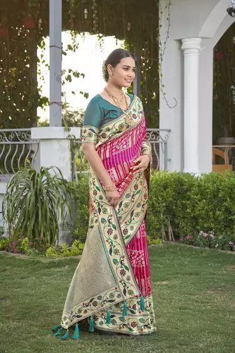 women's banarasi woven pink with green saree with heavy jacquard work saree with blouse piece
