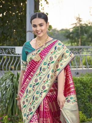women's banarasi woven pink with green saree with heavy jacquard work saree with blouse piece 4