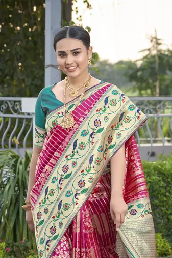 women's banarasi woven pink with green saree with heavy jacquard work saree with blouse piece