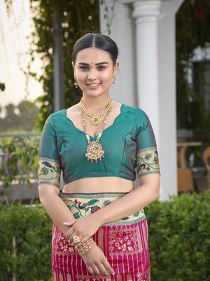 women's banarasi woven pink with green saree with heavy jacquard work saree with blouse piece 5