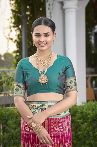 women's banarasi woven pink with green saree with heavy jacquard work saree with blouse piece