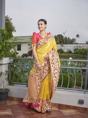 women's banarasi woven yellow with pink saree with heavy jacquard work saree with blouse piece 1