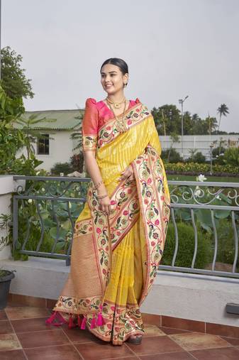 women's banarasi woven yellow with pink saree with heavy jacquard work saree with blouse piece