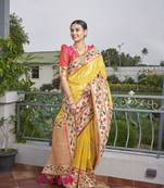 women's banarasi woven yellow with pink saree with heavy jacquard work saree with blouse piece