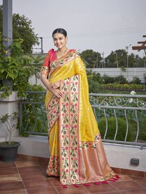 women's banarasi woven yellow with pink saree with heavy jacquard work saree with blouse piece 2