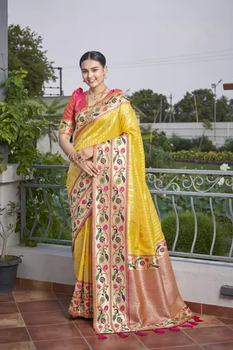 women's banarasi woven yellow with pink saree with heavy jacquard work saree with blouse piece