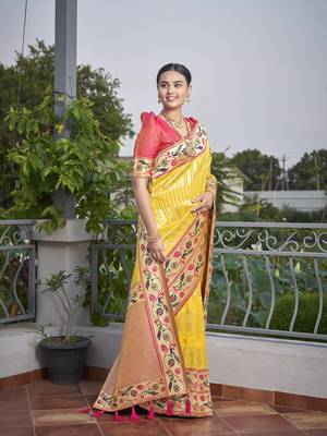 women's banarasi woven yellow with pink saree with heavy jacquard work saree with blouse piece 3