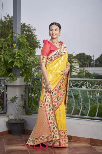 women's banarasi woven yellow with pink saree with heavy jacquard work saree with blouse piece