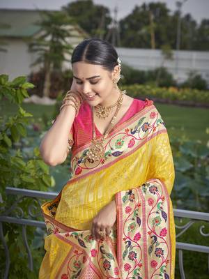 women's banarasi woven yellow with pink saree with heavy jacquard work saree with blouse piece 4