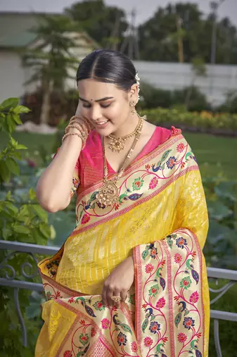 women's banarasi woven yellow with pink saree with heavy jacquard work saree with blouse piece
