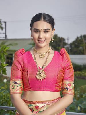 women's banarasi woven yellow with pink saree with heavy jacquard work saree with blouse piece 5