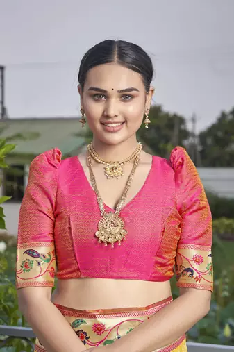 women's banarasi woven yellow with pink saree with heavy jacquard work saree with blouse piece
