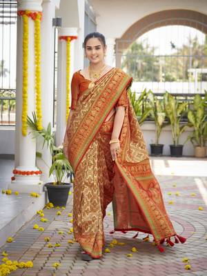 women's banarasi woven orange saree with heavy jacquard work saree with blouse piece 1