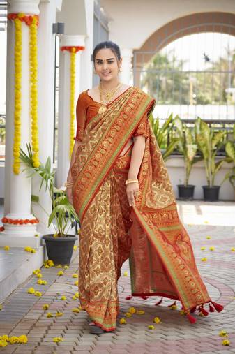 women's banarasi woven orange saree with heavy jacquard work saree with blouse piece