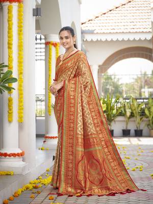 women's banarasi woven orange saree with heavy jacquard work saree with blouse piece 2