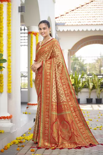 women's banarasi woven orange saree with heavy jacquard work saree with blouse piece