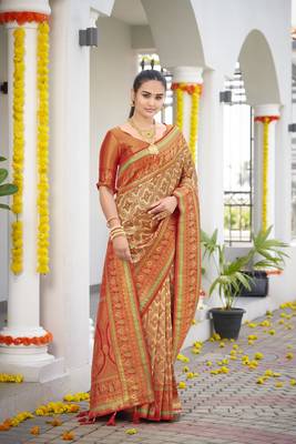 women's banarasi woven orange saree with heavy jacquard work saree with blouse piece 3