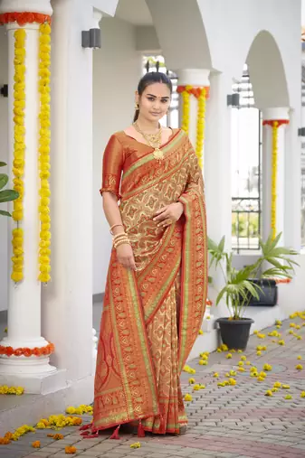 women's banarasi woven orange saree with heavy jacquard work saree with blouse piece
