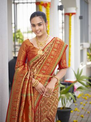 women's banarasi woven orange saree with heavy jacquard work saree with blouse piece 4