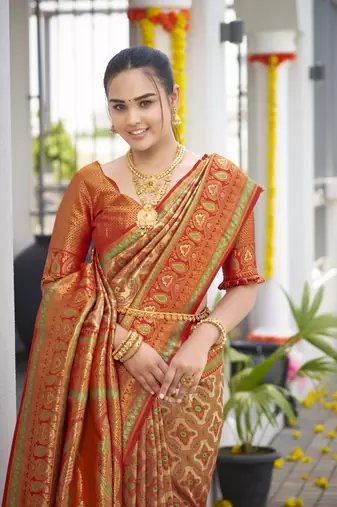 women's banarasi woven orange saree with heavy jacquard work saree with blouse piece