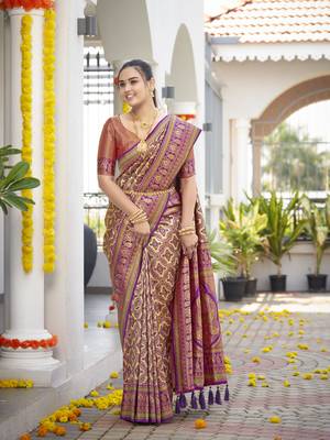 women's banarasi woven purple saree with heavy jacquard work saree with blouse piece 1