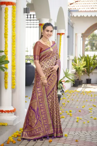 women's banarasi woven purple saree with heavy jacquard work saree with blouse piece