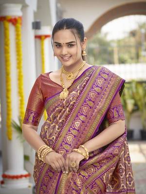 women's banarasi woven purple saree with heavy jacquard work saree with blouse piece 4