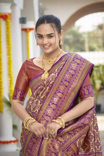 women's banarasi woven purple saree with heavy jacquard work saree with blouse piece