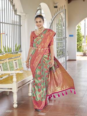 women's banarasi woven blue with pink saree with heavy jacquard work saree with blouse piece 1