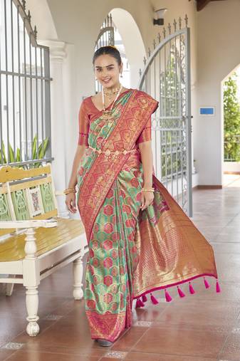 women's banarasi woven blue with pink saree with heavy jacquard work saree with blouse piece