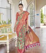women's banarasi woven blue with pink saree with heavy jacquard work saree with blouse piece