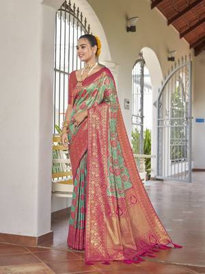 women's banarasi woven blue with pink saree with heavy jacquard work saree with blouse piece 2