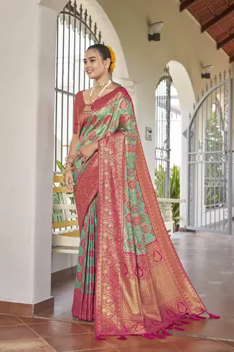 women's banarasi woven blue with pink saree with heavy jacquard work saree with blouse piece