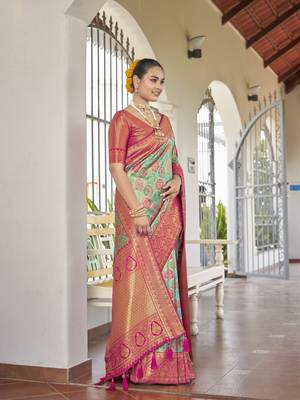 women's banarasi woven blue with pink saree with heavy jacquard work saree with blouse piece 3