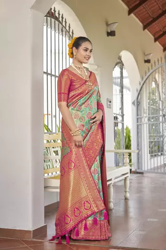 women's banarasi woven blue with pink saree with heavy jacquard work saree with blouse piece