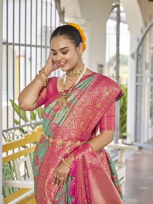 women's banarasi woven blue with pink saree with heavy jacquard work saree with blouse piece 4