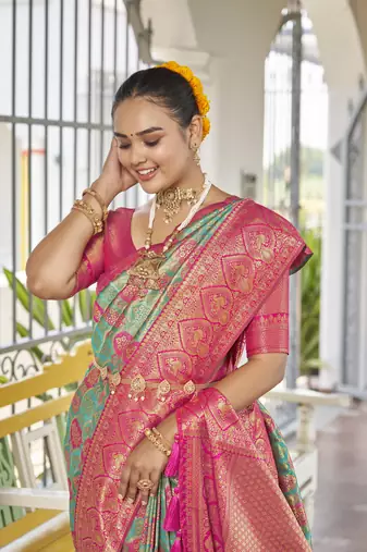 women's banarasi woven blue with pink saree with heavy jacquard work saree with blouse piece